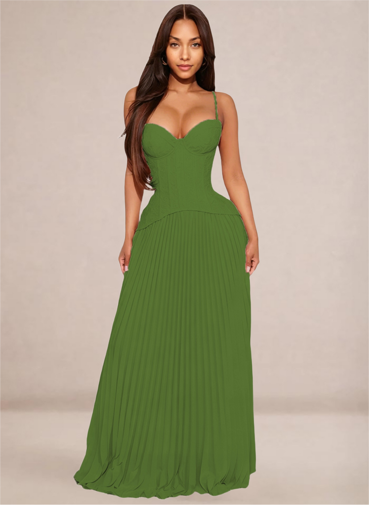Ivory Sweetheart Neckline Corset-Style Pleated Maxi Dress