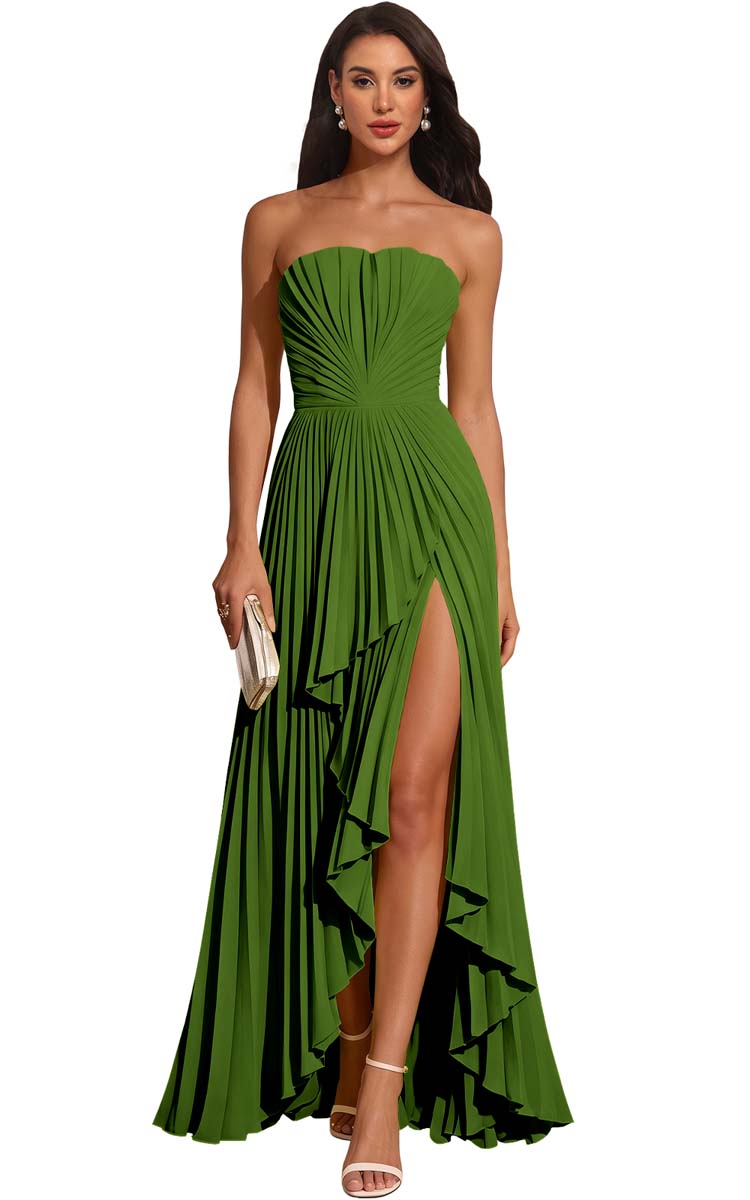 Strapless Pleated Lemon Yellow Chiffon Evening Gown High Slit Ruffle Maxi Dress