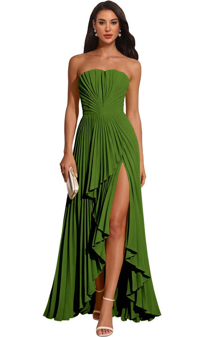 Strapless Pleated Lemon Yellow Chiffon Evening Gown High Slit Ruffle Maxi Dress
