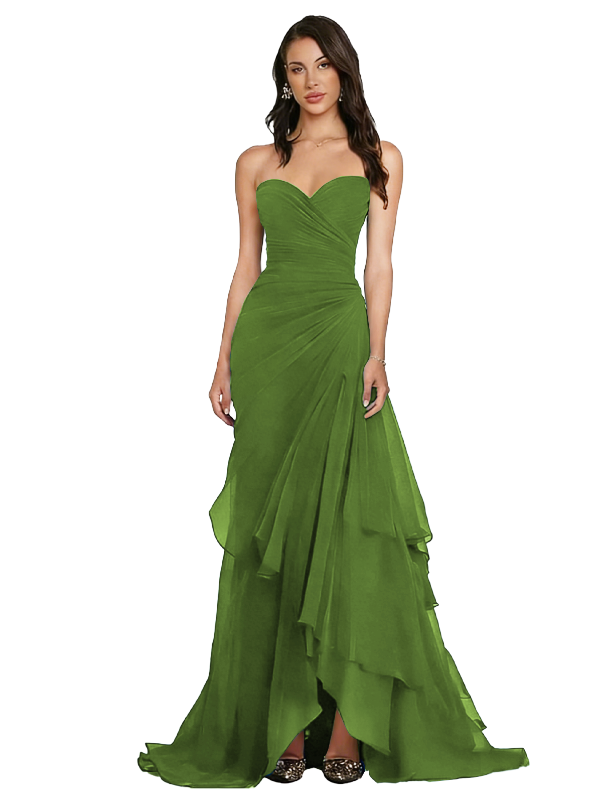 Strapless Ruched Chiffon Evening Gown Tiered Ruffle Maxi Dress