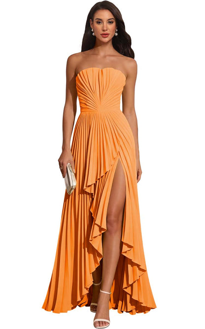 Strapless Pleated Lemon Yellow Chiffon Evening Gown High Slit Ruffle Maxi Dress