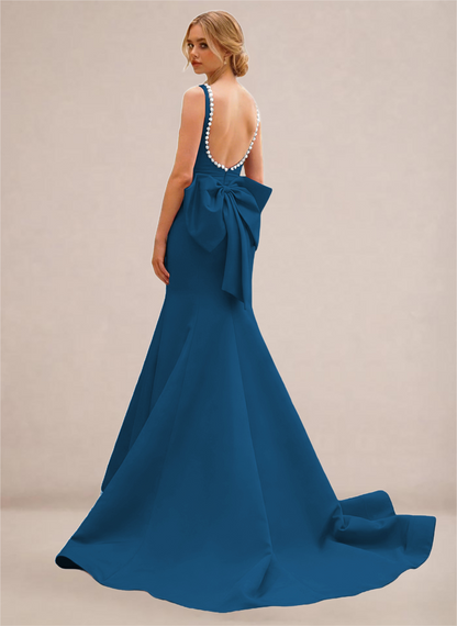 Black Pearl-Trim Open-Back Mermaid Gown with Statement Bow