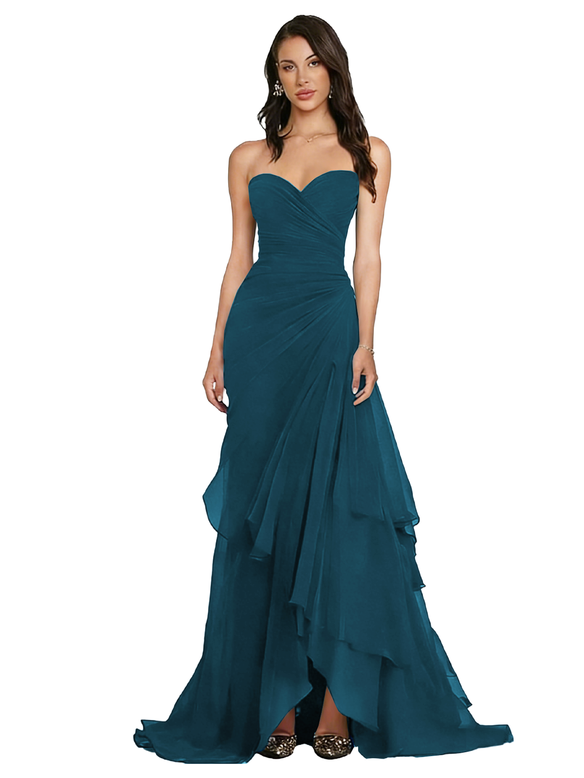 Strapless Ruched Chiffon Evening Gown Tiered Ruffle Maxi Dress