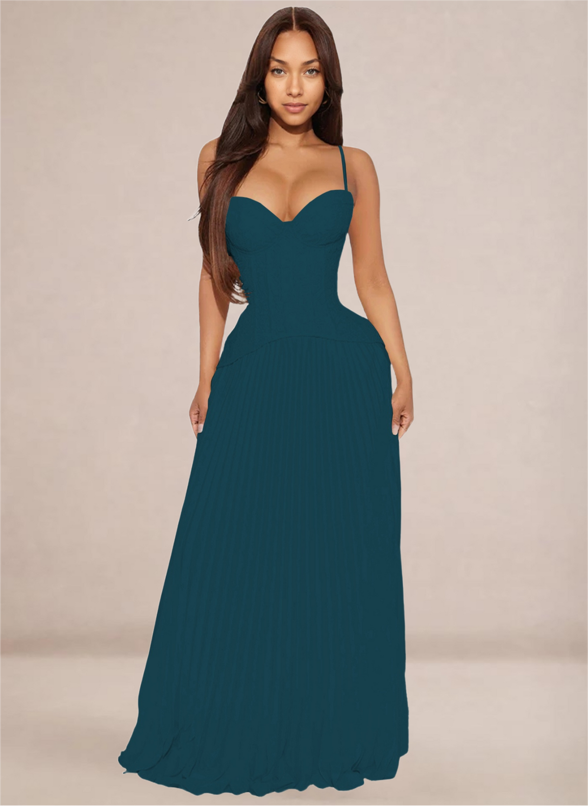 Ivory Sweetheart Neckline Corset-Style Pleated Maxi Dress