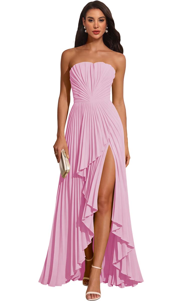 Strapless Pleated Lemon Yellow Chiffon Evening Gown High Slit Ruffle Maxi Dress