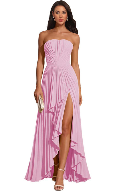 Strapless Pleated Lemon Yellow Chiffon Evening Gown High Slit Ruffle Maxi Dress