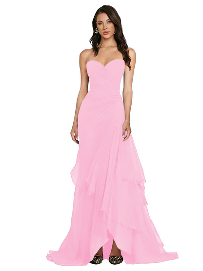Strapless Ruched Chiffon Evening Gown Tiered Ruffle Maxi Dress