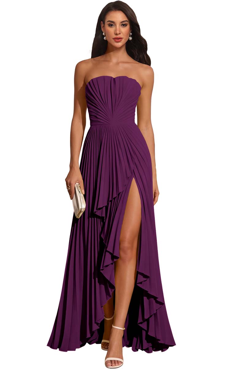 Strapless Pleated Lemon Yellow Chiffon Evening Gown High Slit Ruffle Maxi Dress