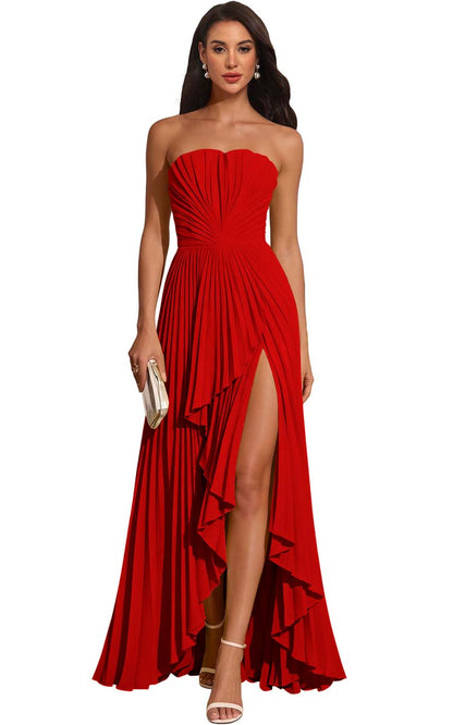 Strapless Pleated Lemon Yellow Chiffon Evening Gown High Slit Ruffle Maxi Dress