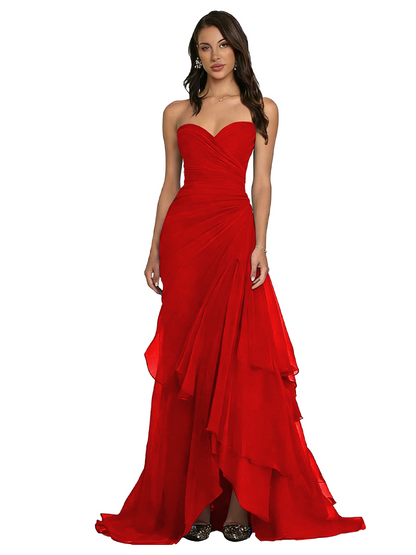 Strapless Ruched Chiffon Evening Gown Tiered Ruffle Maxi Dress