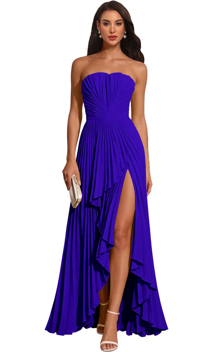 Strapless Pleated Lemon Yellow Chiffon Evening Gown High Slit Ruffle Maxi Dress