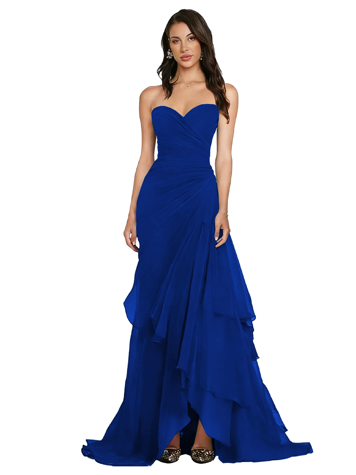 Strapless Ruched Chiffon Evening Gown Tiered Ruffle Maxi Dress
