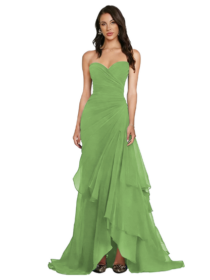 Strapless Ruched Chiffon Evening Gown Tiered Ruffle Maxi Dress