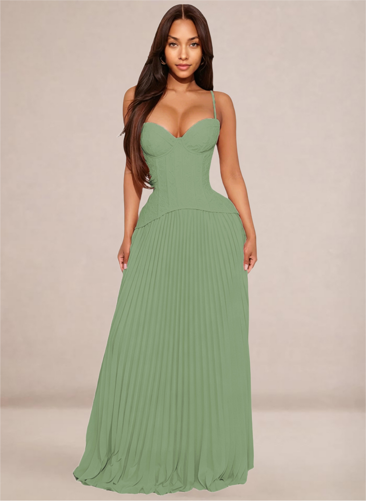 Ivory Sweetheart Neckline Corset-Style Pleated Maxi Dress