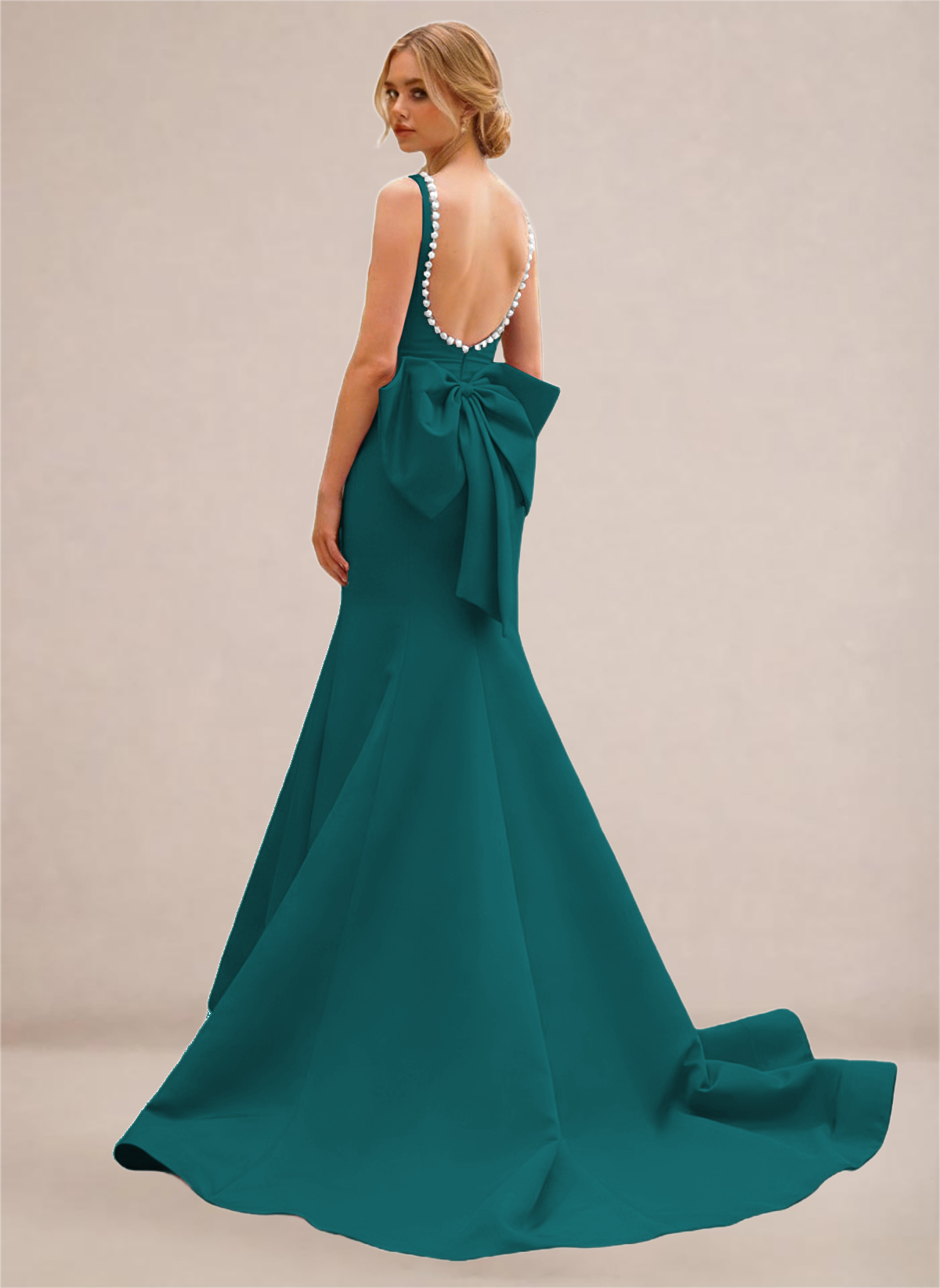 Black Pearl-Trim Open-Back Mermaid Gown with Statement Bow