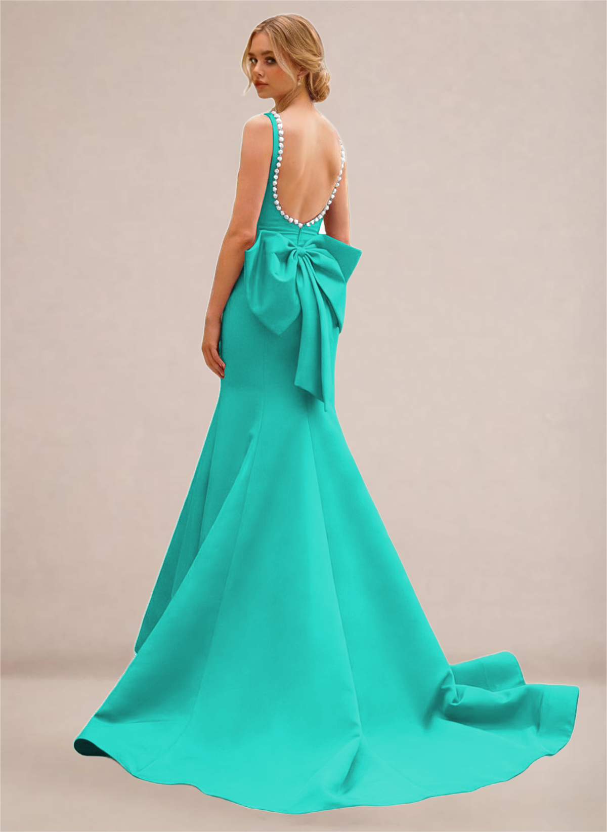 Black Pearl-Trim Open-Back Mermaid Gown with Statement Bow