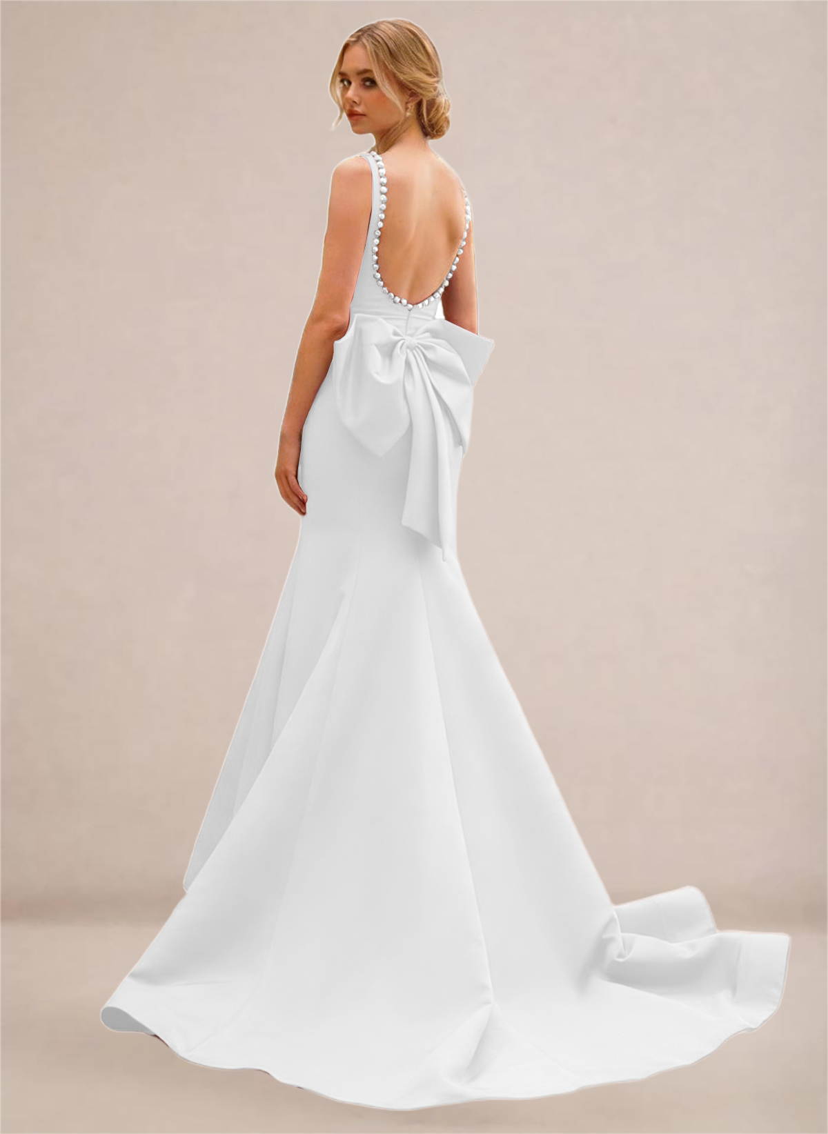 Black Pearl-Trim Open-Back Mermaid Gown with Statement Bow