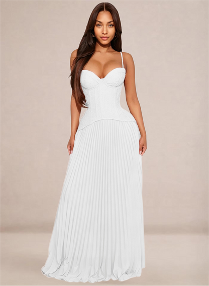 Ivory Sweetheart Neckline Corset-Style Pleated Maxi Dress