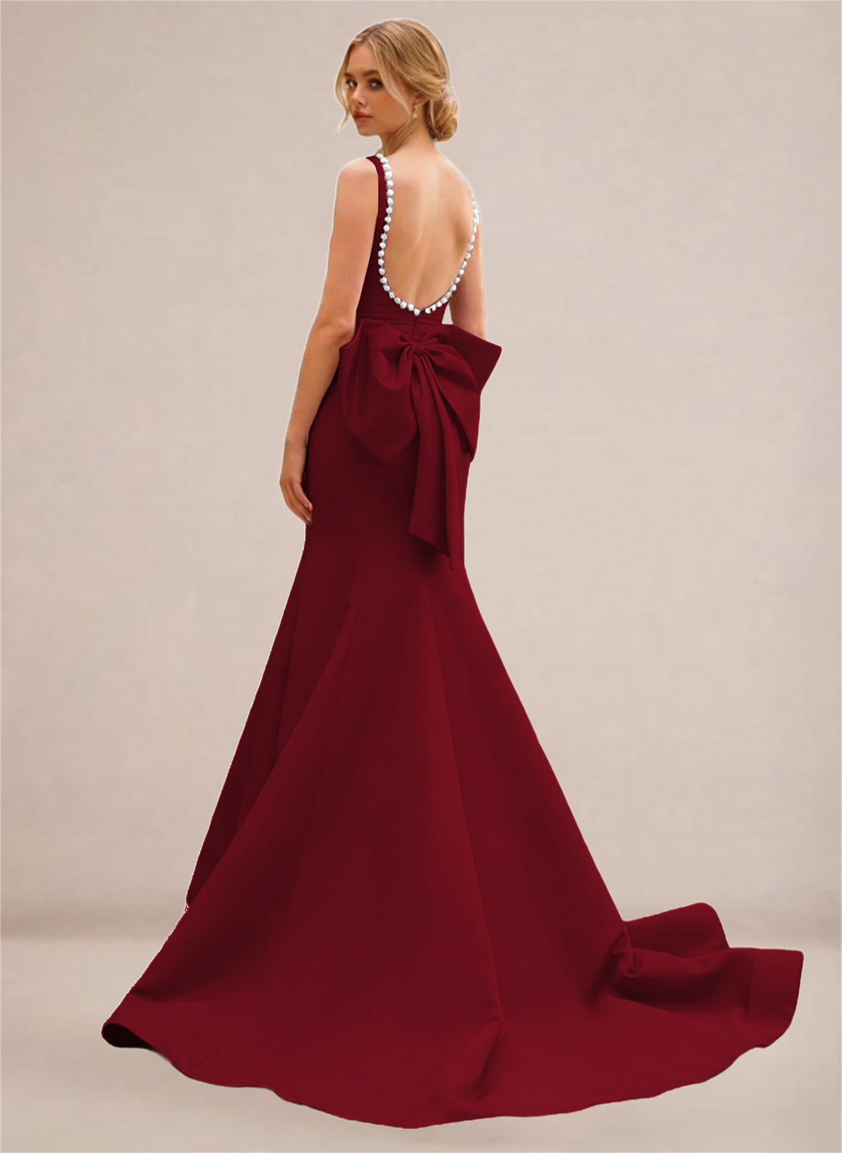 Black Pearl-Trim Open-Back Mermaid Gown with Statement Bow