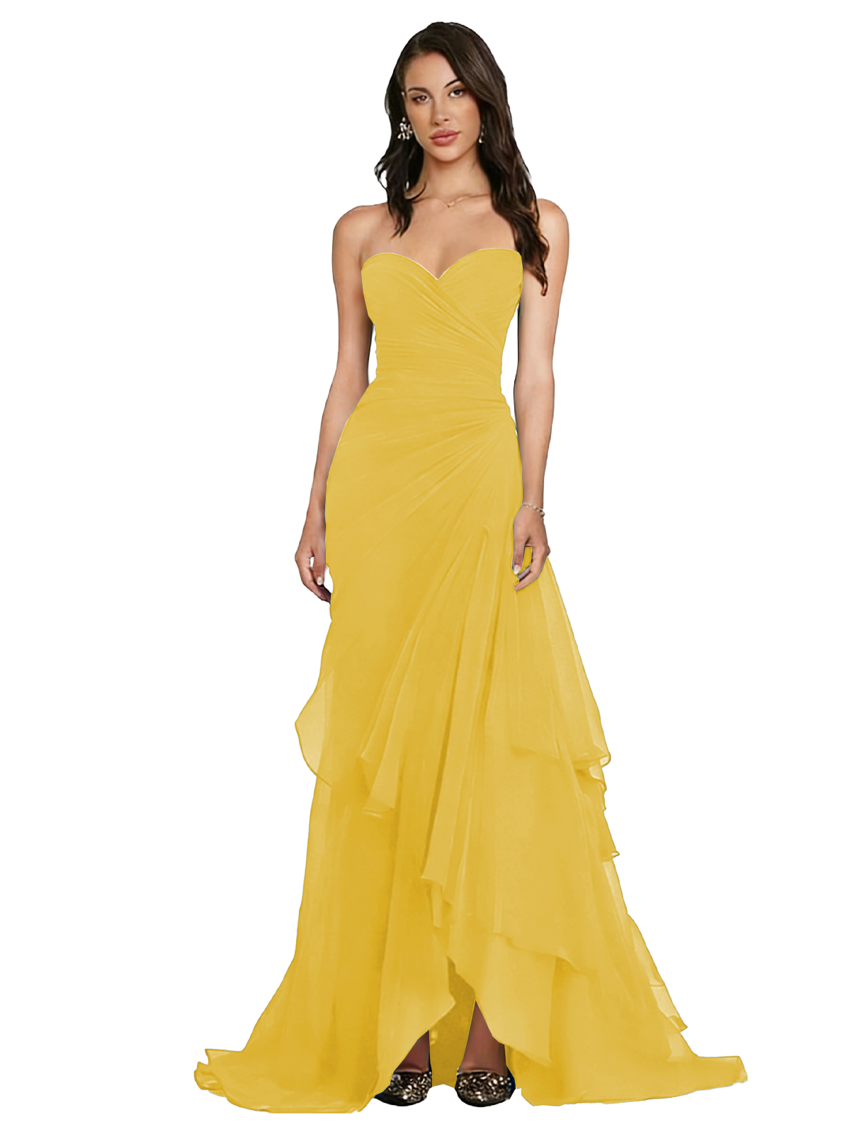 Strapless Ruched Chiffon Evening Gown Tiered Ruffle Maxi Dress