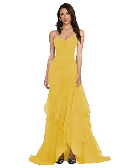 Strapless Ruched Chiffon Evening Gown Tiered Ruffle Maxi Dress