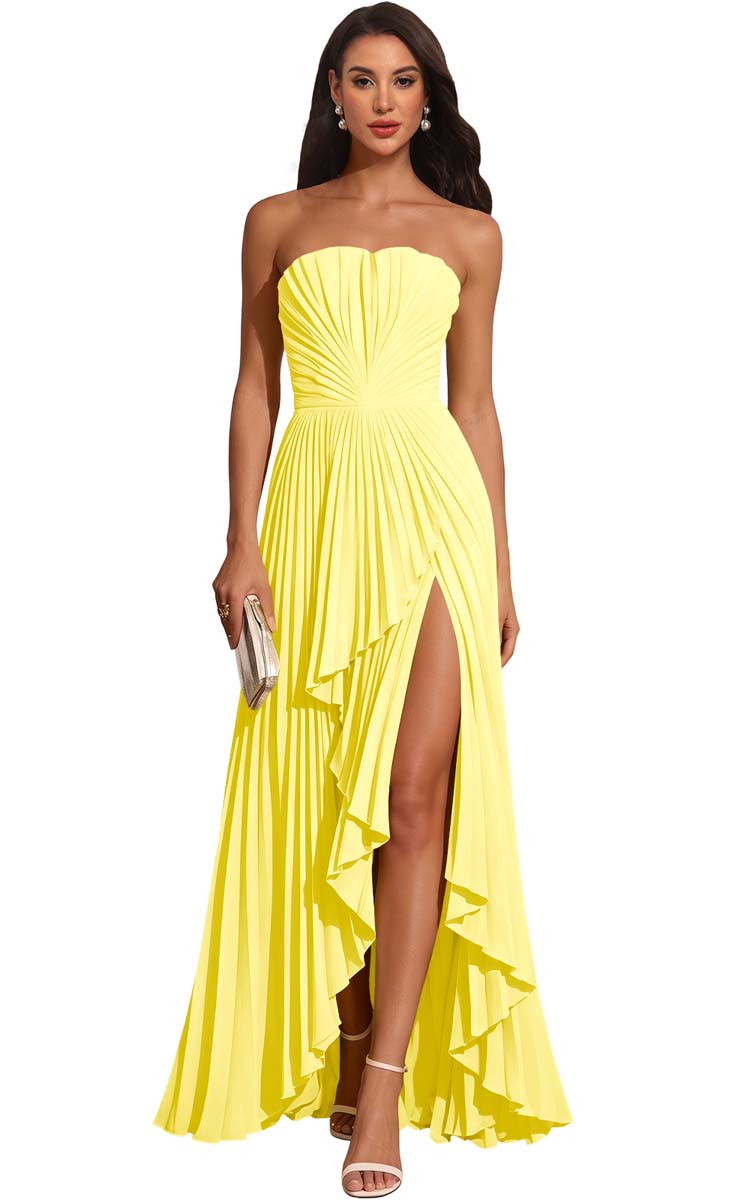 Strapless Pleated Lemon Yellow Chiffon Evening Gown High Slit Ruffle Maxi Dress