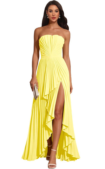 Strapless Pleated Lemon Yellow Chiffon Evening Gown High Slit Ruffle Maxi Dress