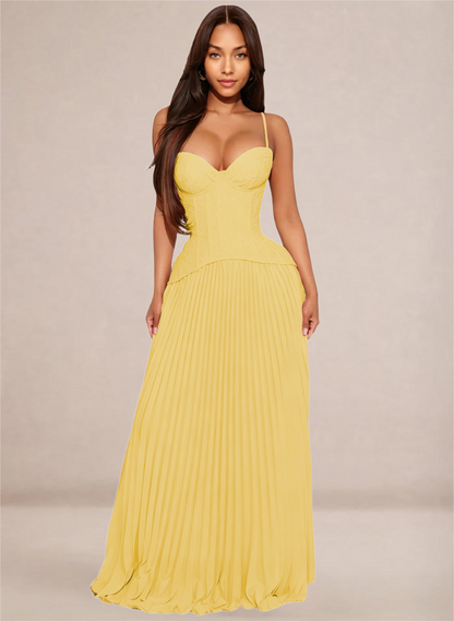 Ivory Sweetheart Neckline Corset-Style Pleated Maxi Dress