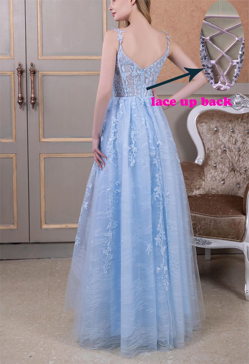 🔥 Hot Sale! 47% OFF 🔥-Lace Appliques Tulle Prom Dresses Long Formal Evening Gowns with Slit🎉