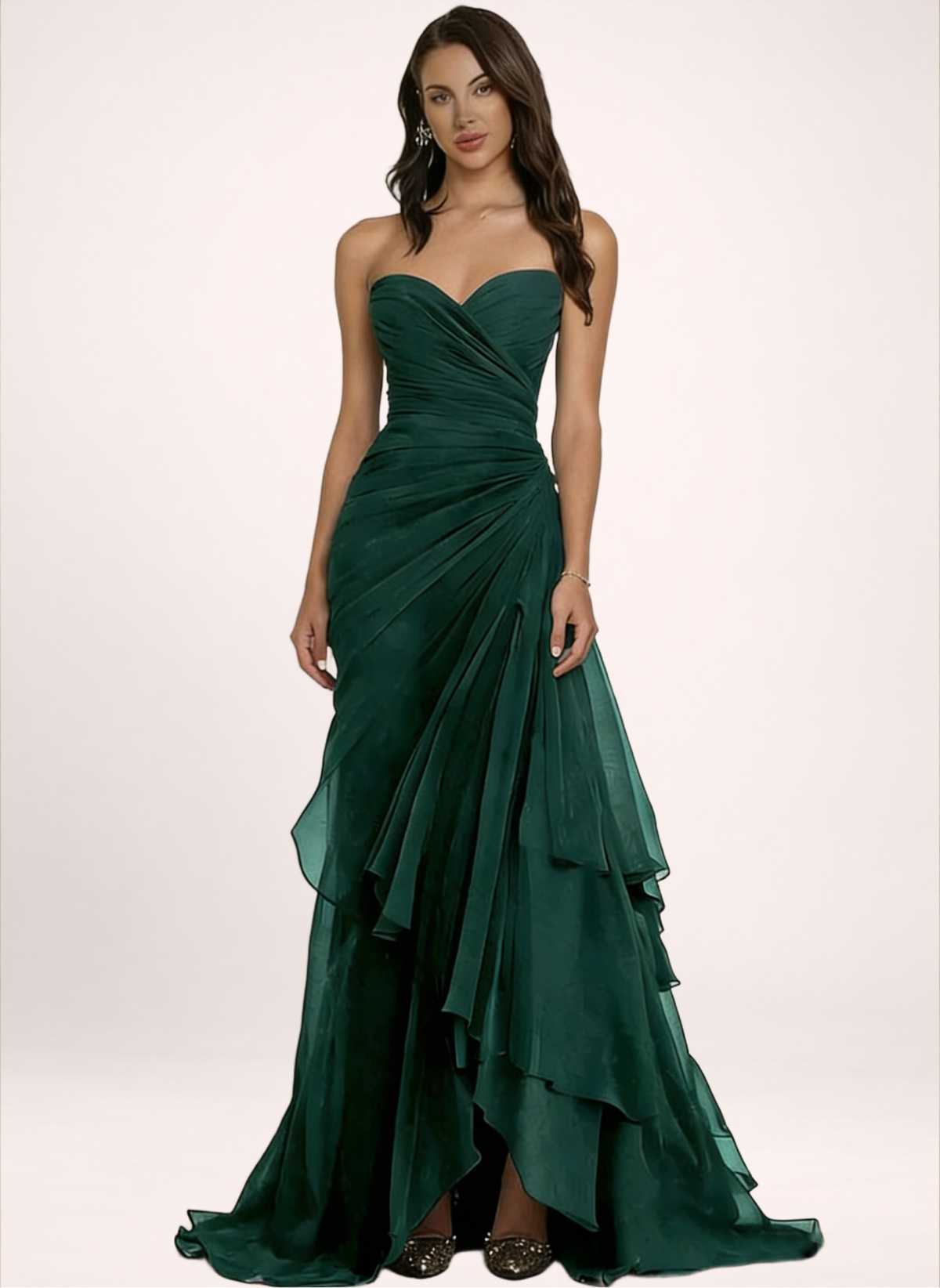 Strapless Ruched Chiffon Evening Gown Tiered Ruffle Maxi Dress