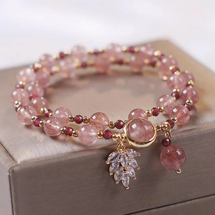 Strawberry Quartz Maple Leaf Double Wrap Bracelet