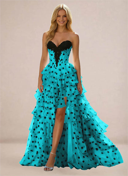 Polka Dots Strapless Tiered Ball Gown Prom Dresses
