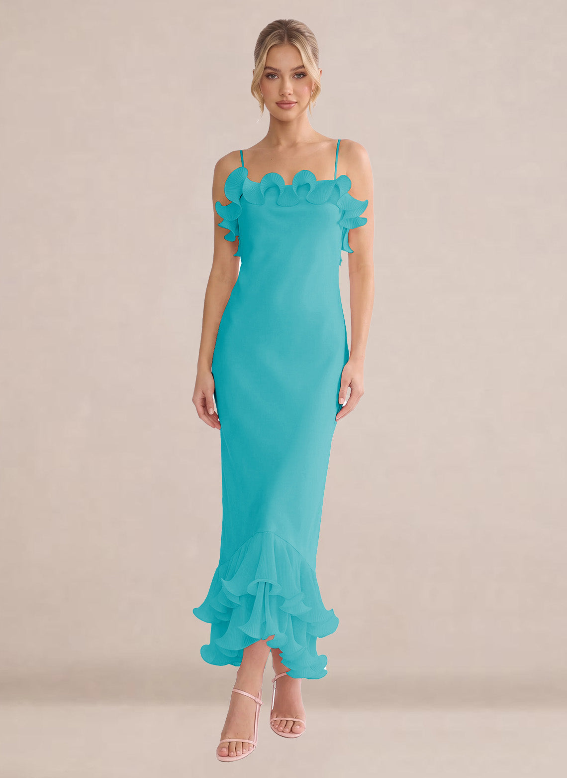 Ruffles Chiffon Layer Midi Formal Wedding Guest Dresses