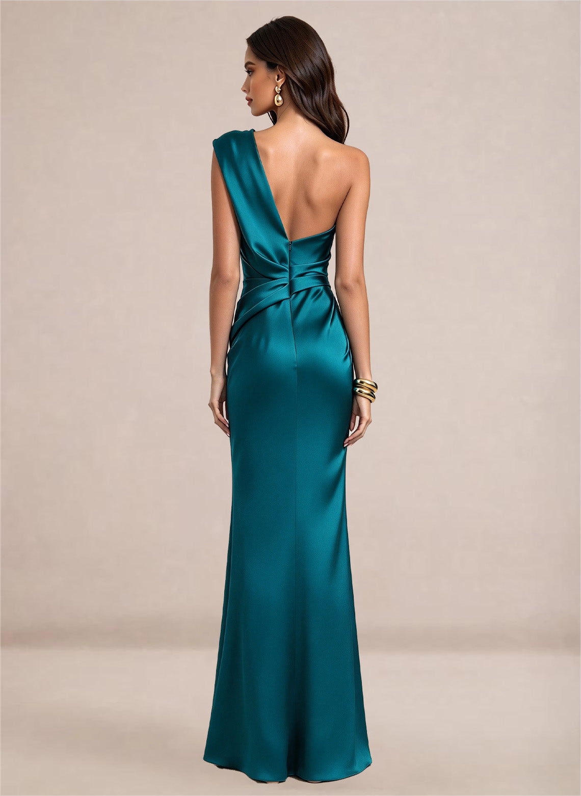 Satin One Shoulder Ruffles Mermaid Maxi Dress with Slit