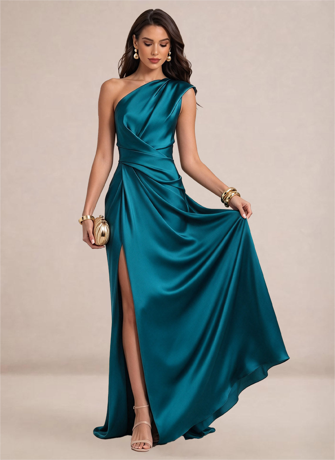 Satin One Shoulder Ruffles Mermaid Maxi Dress with Slit