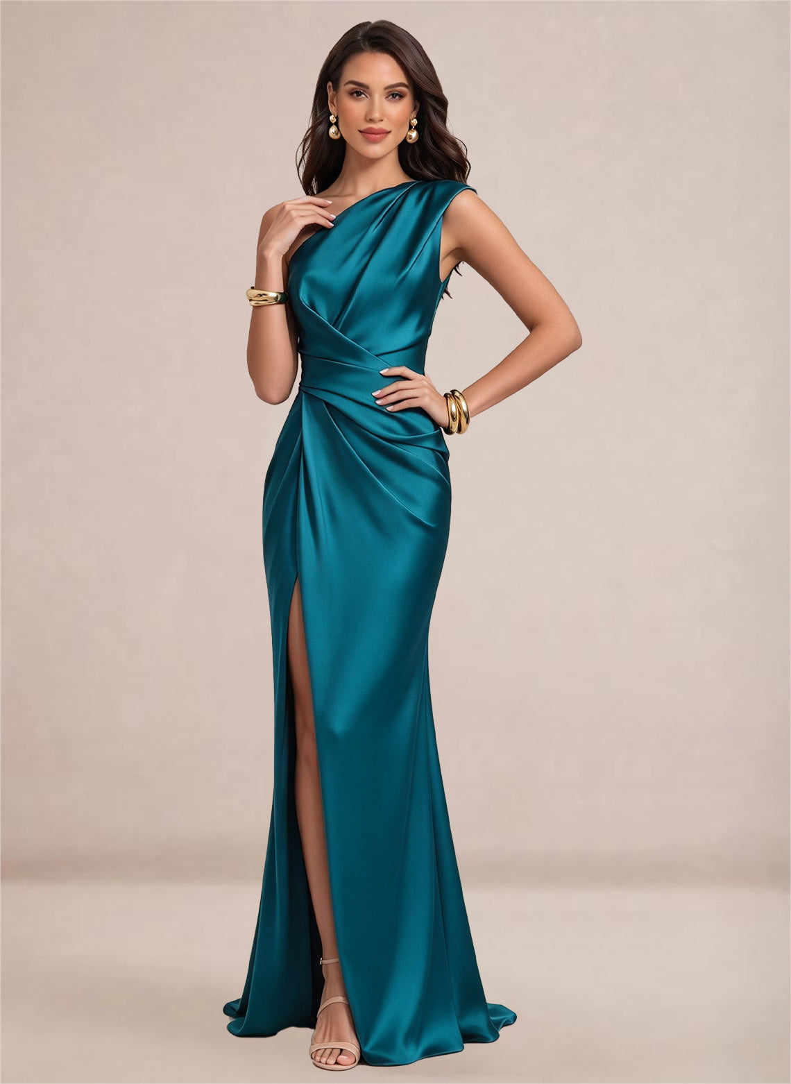 Satin One Shoulder Ruffles Mermaid Maxi Dress with Slit