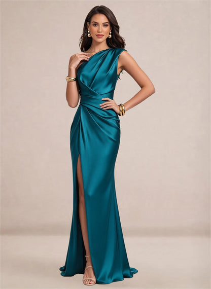 Satin One Shoulder Ruffles Mermaid Maxi Dress with Slit