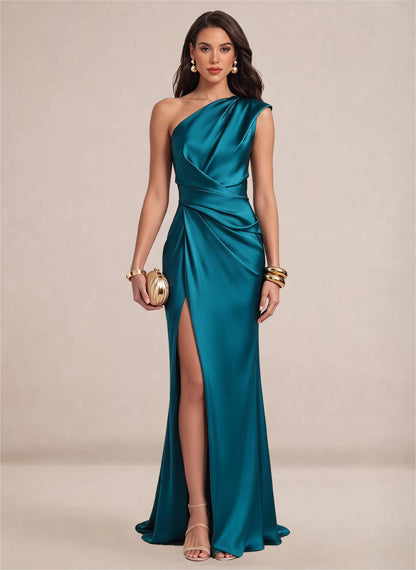 Satin One Shoulder Ruffles Mermaid Maxi Dress with Slit