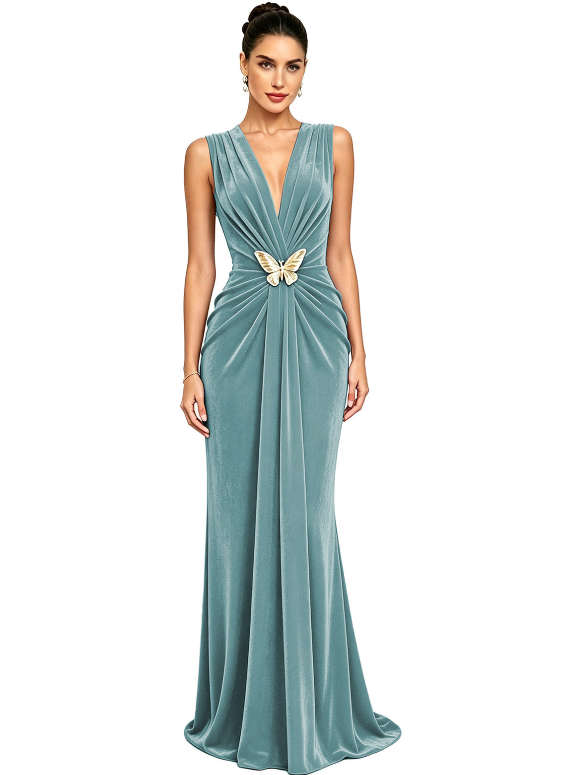 Women's Velvet V Neck Mermaid Formal Wedding Guest Dress