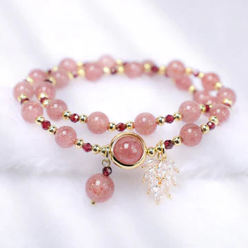 Strawberry Quartz Maple Leaf Double Wrap Bracelet