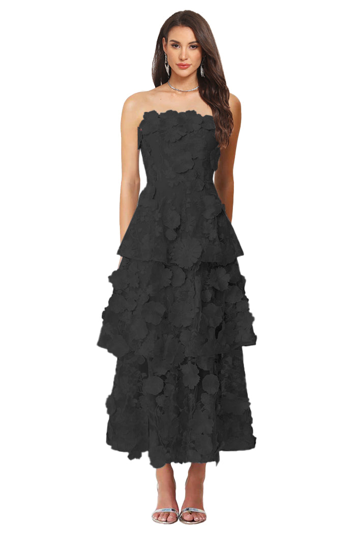 Floral Appliqued Tea Length Formal Wedding Guest Dress