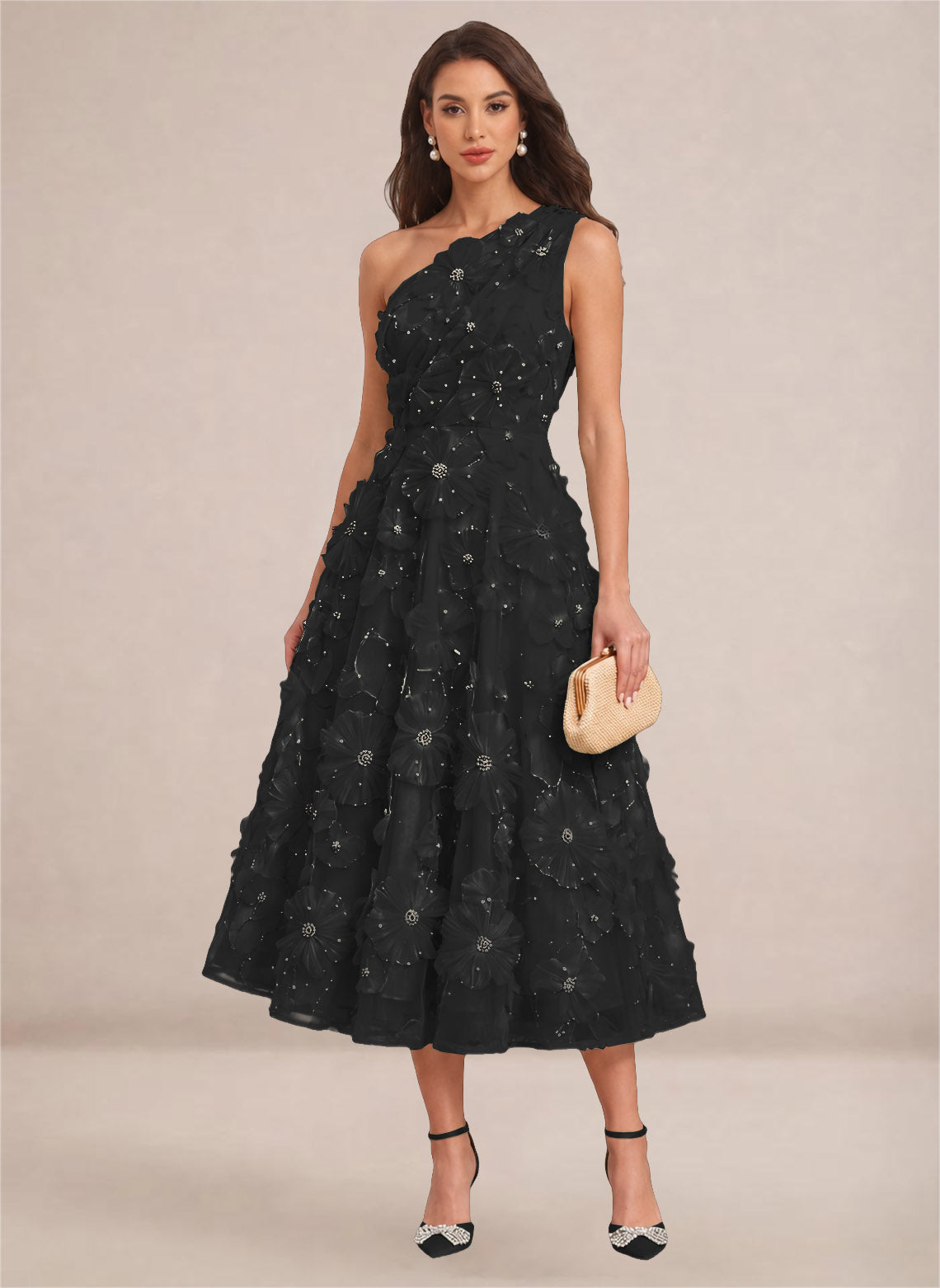 Floral One Shoulder A-line Midi Formal Wedding Guest Dresses