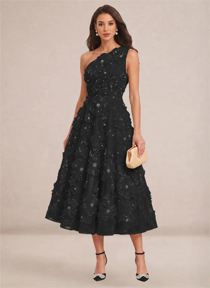 Floral One Shoulder A-line Midi Formal Wedding Guest Dresses