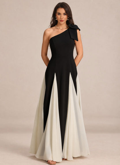 Satin One Shoulder A-line Patchwork Maxi Dress