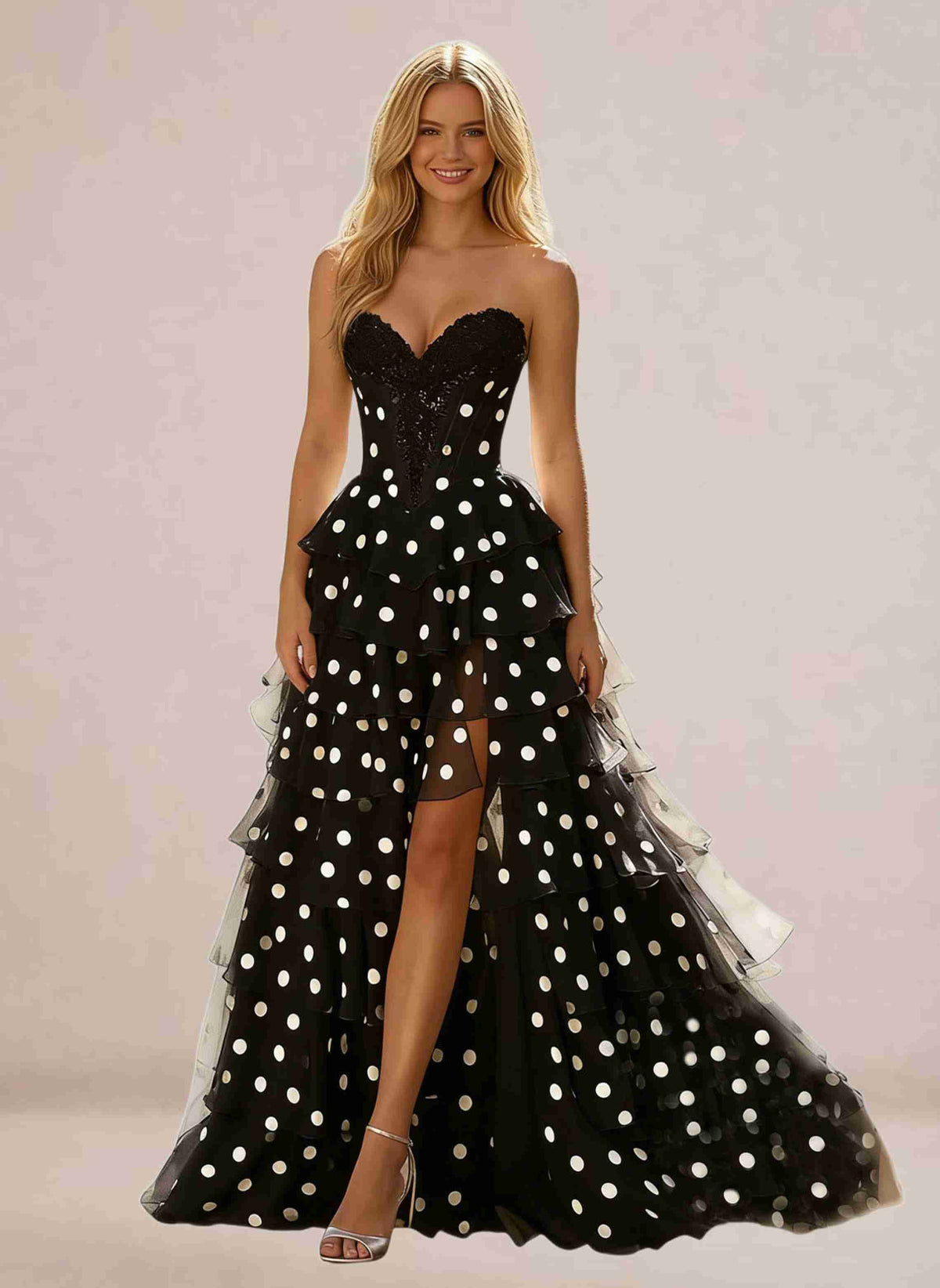 Polka Dots Strapless Tiered Ball Gown Prom Dresses