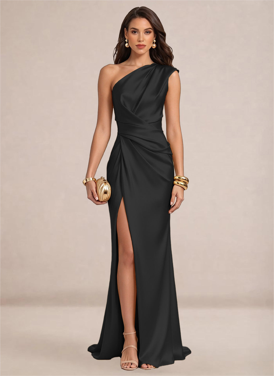 Satin One Shoulder Ruffles Mermaid Maxi Dress with Slit