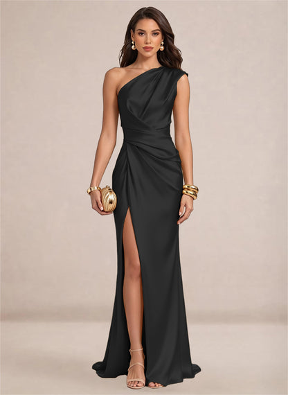 Satin One Shoulder Ruffles Mermaid Maxi Dress with Slit