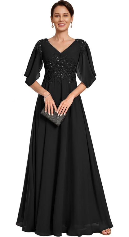 V Neck Chiffon A Line Sequin Lace Dress