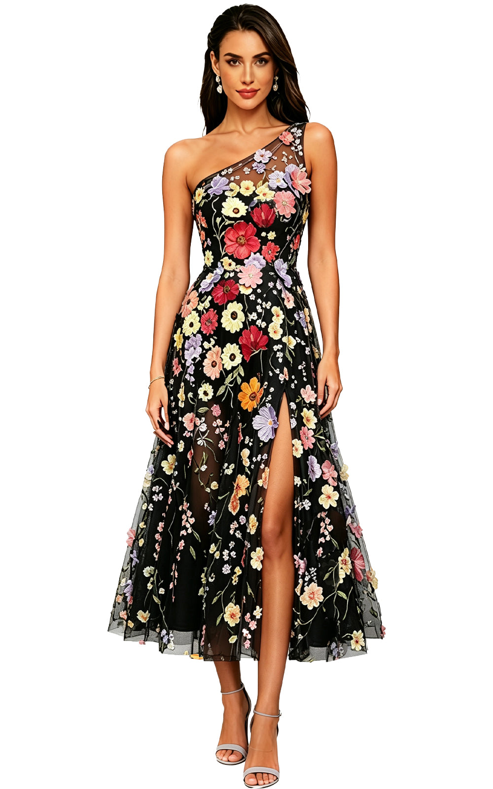 Floral Appliqued One Shoulder Long Formal Dress
