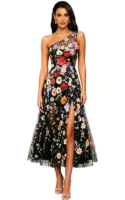 Floral Appliqued One Shoulder Long Formal Dress